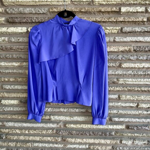 Vintage 80s Purple High Neck Ruffle Modest Secretary Blouse Size 5 Puffy Sleeves - Picture 9 of 9